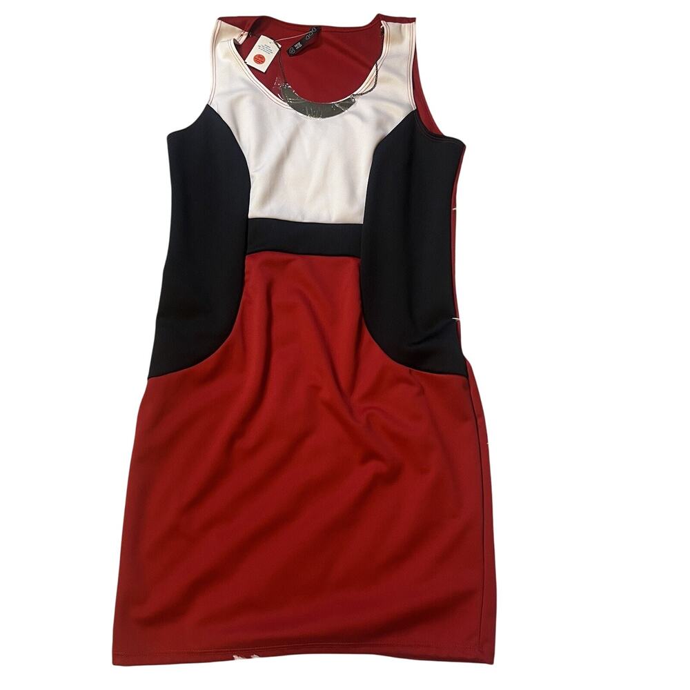 DGNY Stretch Colorblock Knee Length Dress Sz 1XL Red Black White Sleeveless